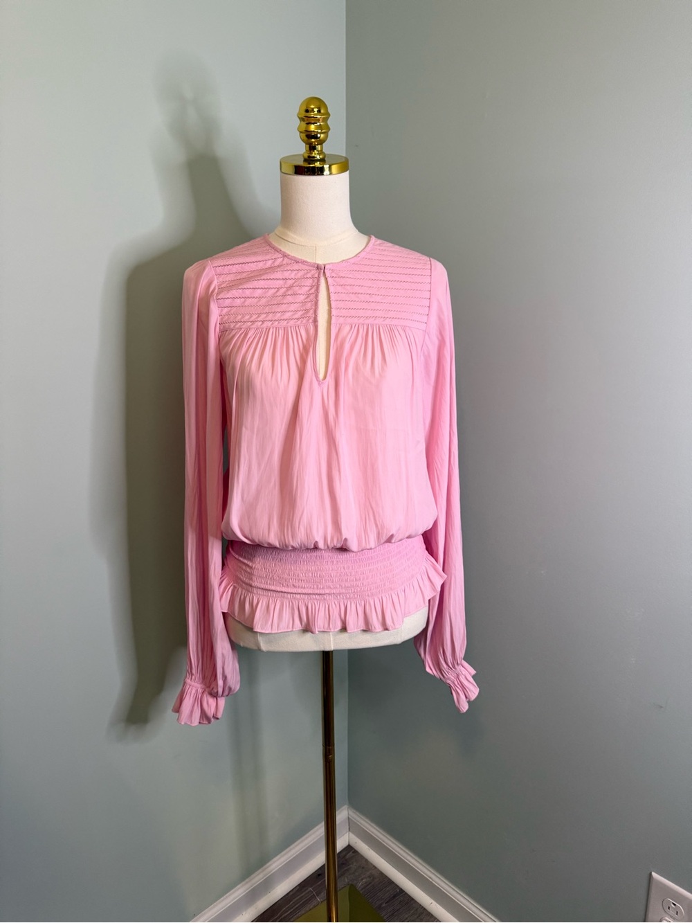 Ramy Brook Light Pink Smocked Waist Keyhole Blouse Ruffle Cuff Designer XS